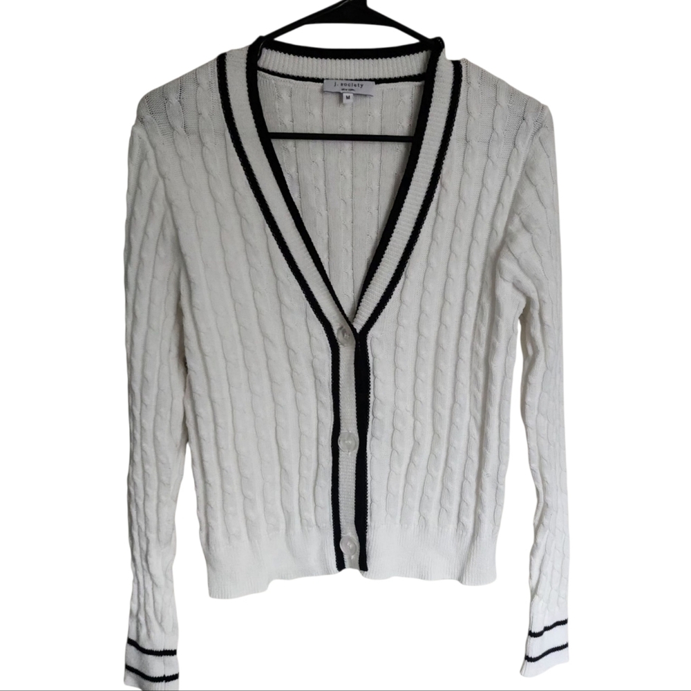J Society NY White  Black Trim Varsity Cardigan Cable Knit  Size M